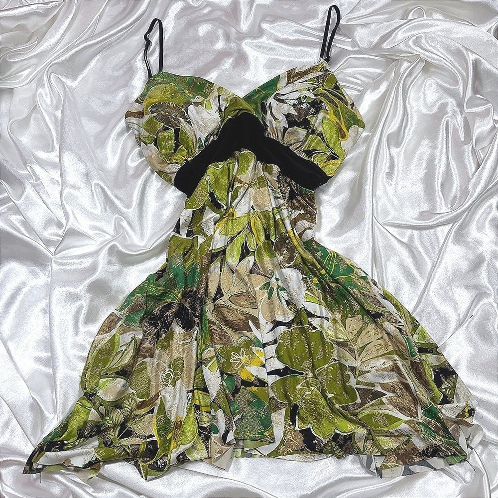 y2k Mini Dress Green Excellent Tropical Floral Metallic Empire Waist Ipona